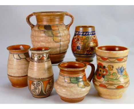 A collection of Charlotte Rhead pottery: Including Crown Ducal vases etc., tallest height 21cm  (6).