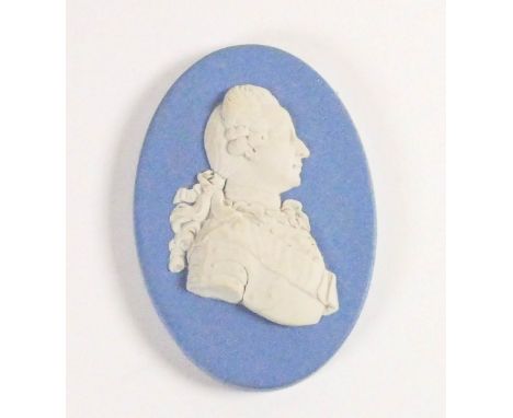 Wedgwood solid pale blue Jasper portrait medallion of Charles XII: c1970, h9cm.
