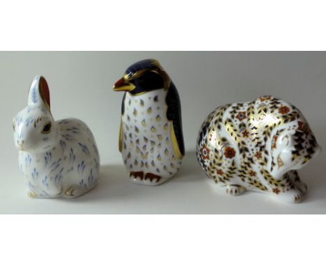 Three x Royal Crown Derby paperweights ROCK HOPPER PENGUIN SNOWY RABBIT and RUSSIAN BEAR: Gold stoppers and certificates firs