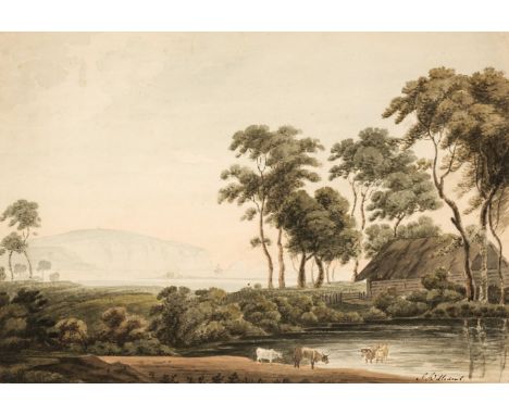 * Williams (J.). Coastal landscape with cattle watering by a thatched building, circa 1820, watercolour on pale cream wove pa