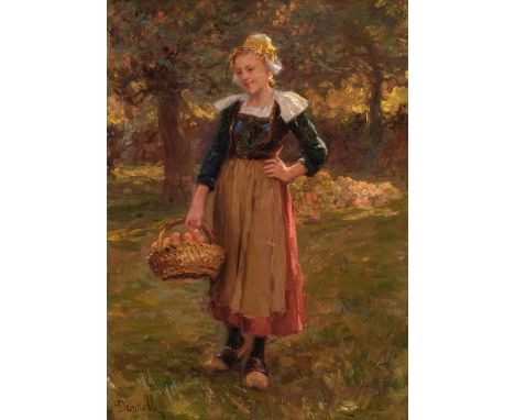 * Deyrolle (Théophile Louis, 1844-1923). Young Breton woman in an Orchard, oil on canvas, portraying a girl in Breton costume