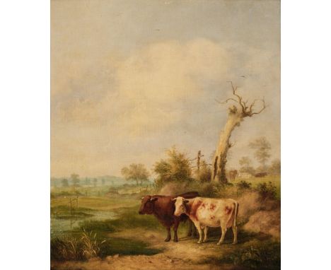 * English School. Cattle in an open landscape, circa 1840s, oil on panel, a bull and a heifer stand beside a stream winding t