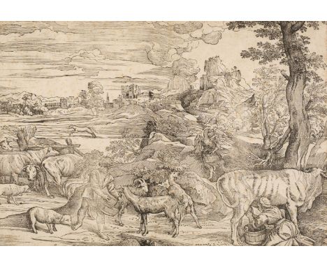 * Boldrini (Nicolo, active 1540-1566). Landscape with a milkmaid at right and a boy at left, after Titian, circa 1535-40, woo