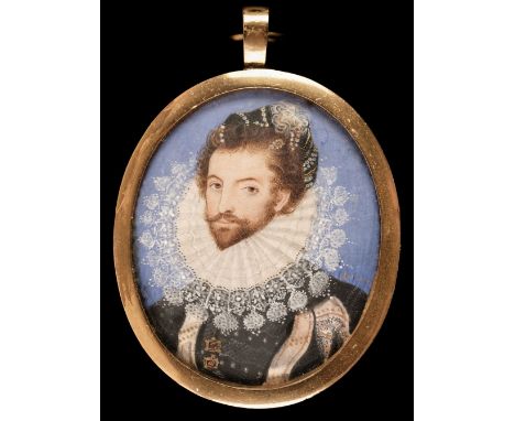 * After Nicholas Hilliard (circa 1547-1619). Portrait of Sir Walter Raleigh, 1614, miniature oval opaque watercolour highligh