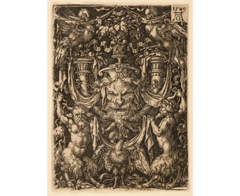 * Aldegrever (Heinrich, 1502 Paderborn - Soest 1555/1561). Ornamental design with mask and eagle flanked by two kneeling faun