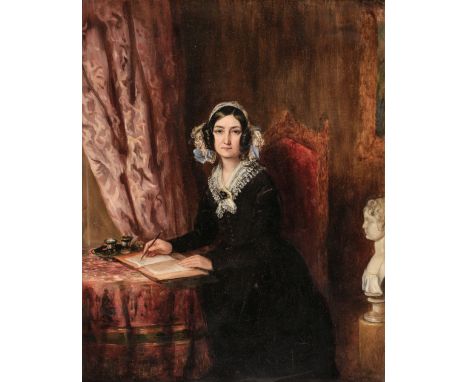 * English School. Portrait of a Lady, circa 1850, oil on canvas, a woman wearing a black gown with white lace trimmed fichu a