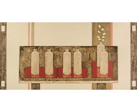 * McElhinney (Douglas Thomas, 20th century). Bottles, August 1986, acrylic on board, depicting six light brown bottles sittin