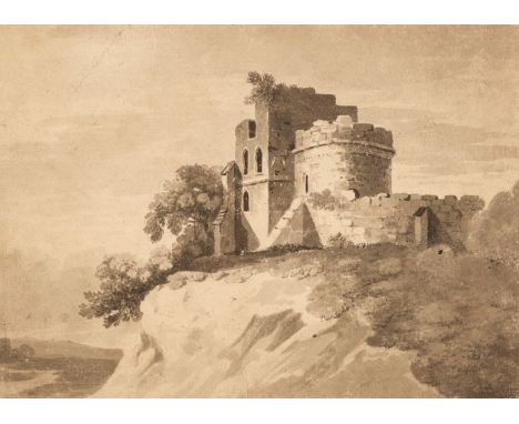 * Munn (Paul Sandby, 1773 - 1846). Castle Ruins, circa 1810, watercolour on paper, en grisaille, a view of a ruined castle on