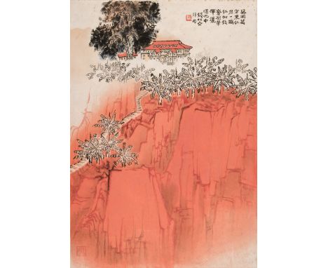 * Qian Songyan 錢松岩 (1899-1985). Red Cliff, circa 1975, woodblock print heightened with transparent and opaque watercolour on 