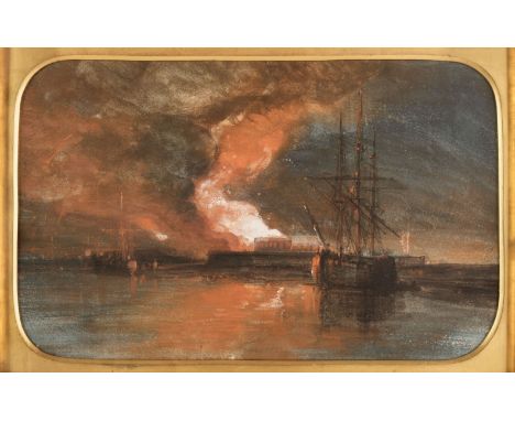 * Müller (William James, 1812-1845). The Burning of the New Gaol, from Canon’s Marsh, Bristol, 1831, watercolour with bodycol