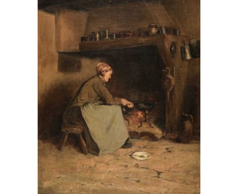 *Simonau (L., late 19th century). Woman cooking at the fireside, 1893, oil on canvas, depicting a peasant woman seated on a t