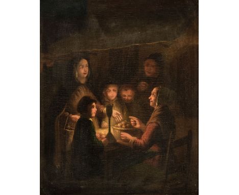 * Dutch School. Candlelight Scene, early 19th century, oil on wood panel, depicting a small group of people standing and sitt