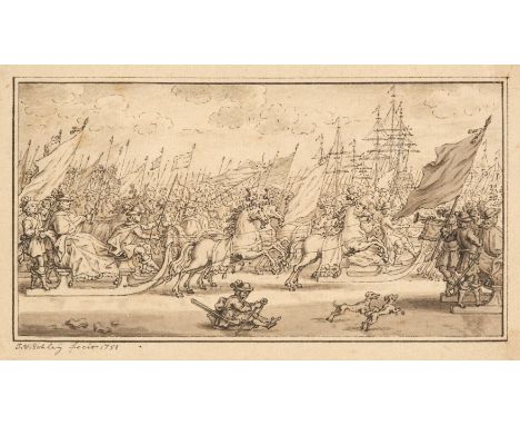 * Van der Schley (Jakob, 1715-1779). The Procession on the Ice, 1751, fine small-scale pen, black ink and grey wash drawing o