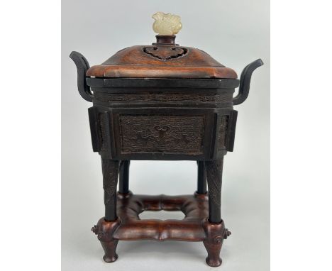 A 19TH CENTURY CHINESE BRONZE CENSER WITH ROSEWOOD COVER, JADE DUCK FINIAL AND ROSEWOOD STAND, The bronze censer 18cm With co
