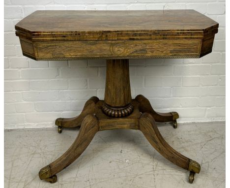 A REGENCY PERIOD ROSEWOOD CARD TABLE WITH BRASS INLAY AND BAIZE INTERIOR, 73cm x 86cm x 42cm 