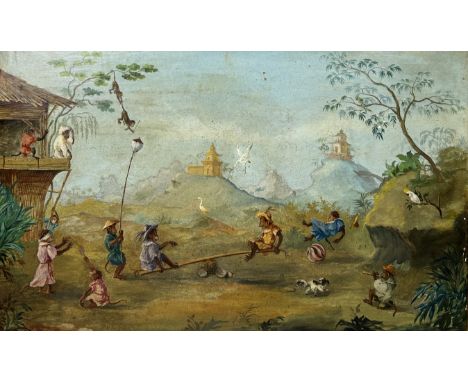 CONTINENTAL OLD MASTER OR ORIENTALIST SCHOOL: A WHIMSICAL ANTHROPOMORPHIC OIL PAINTING ON CANVAS DEPICTING MONKEYS PLAYING IN