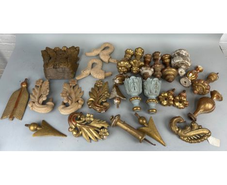 ARCHITECTURAL SALVAGE: A COLLECTION OF GILTWOOD AND WOOD TIE BACKS, FINIALS, ARCHITECTURAL ELEMENTS (27)Largest 22cm x 16cm 