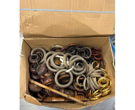 ARCHITECTURAL SALVAGE: A COLLECTION OF MOSTLY ANTIQUE WOODEN CURTAIN POLE RINGS (QTY) 