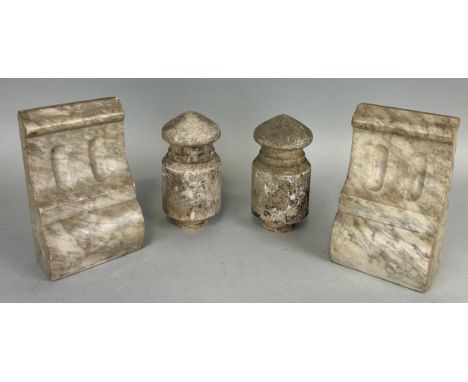 ARCHITECTURAL SALVAGE: A PAIR OF MARBLE CORBELS AND DOOR HANDLES (4),Corbels 20cm x 13cm x 8cm 