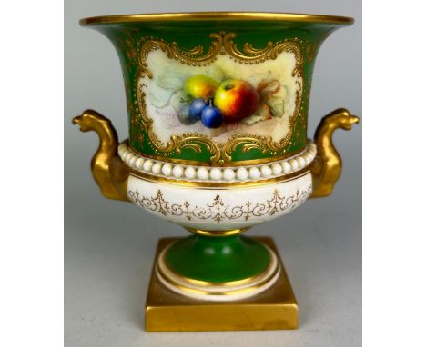 A ROYAL WORCESTER URN VASE, WITH CENTRAL PAINTED PANELS BY CHIVERS, marked to base RA 275217 13cm h x 11cm w
