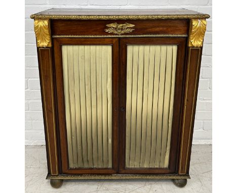 A 19TH CENTURY FRENCH EMPIRE STYLE GILT METAL MOUNTED CHIFFONIER, Two swing doors with inner shelf. 90cm x 75cm x 36cm 