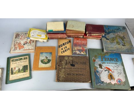 A COLLECTION OF BOOKS TO INCLUDE FRANCE SON HISTOIRE, GEORGES MONTORGUEIL, ERNEST HEMINGWAY THE OLD MAN AND THE SEA POSSIBLY 
