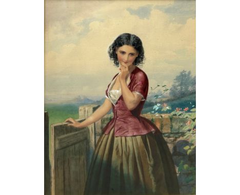 A WATERCOLOUR PAINTING ON PAPER DEPICTING A LADY BESIDES A GARDEN GATE, 42cm x 32cm Mounted in a frame and glazed. 65cm x 55c