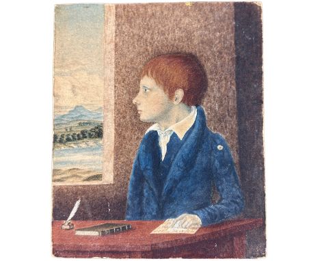 A RARE 19TH CENTURY PORTRAIT MINIATURE PAINTING ON PAPER DEPICTING A RED HAIRED BOY GAZING WISTFULLY OUT OF A CASTLE WINDOW W