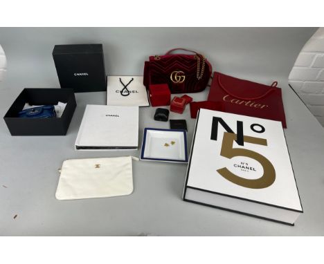 A CHANEL QUILTED BLUE PURSE IN BOX ALONG WITH A WASH BAG MARKED FOR CHANEL AND A RED VELVET HANDBAG MARKED FOR GUCCI, CHANEL 