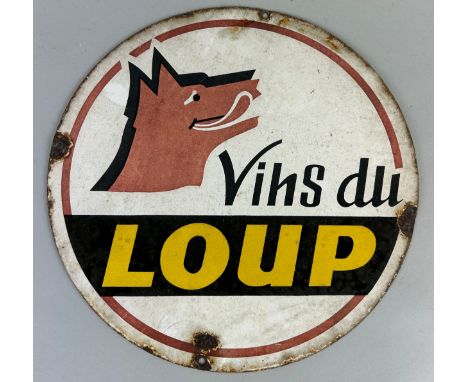 A RARE VINTAGE FRENCH ENAMEL SIGN 'VINS DE LOUP', 33cm D 