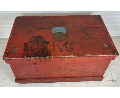 A FOLK ART RED PAINTED PINE TRUNK BELONGING TO THE FAMED MUNTHE FAMILY, FROM SOUTHSIDE HOUSE, WIMBLEDON VILLAGE,96cm x 53cm x