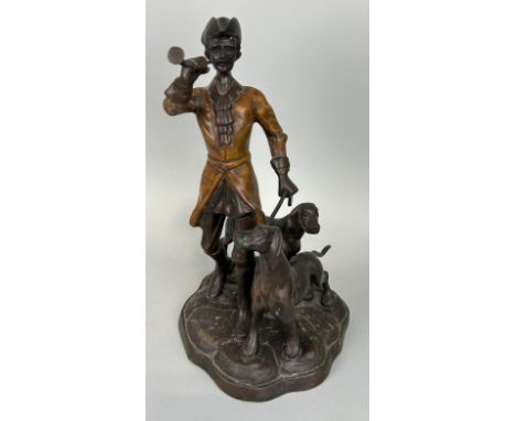 AFTER HIPPOLYTE MOREAU (1832-1927) AND PROSPER LECOUTURIER (1855-1924): A BRONZE SCULPTURE DEPICTING A HUNTER WITH DOGS, 40cm