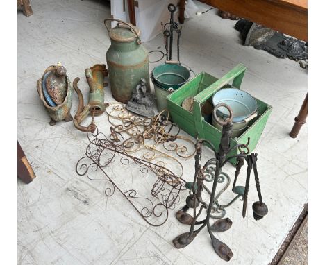 GARDEN LIGHTING, BUCKETS, LARGE PAIL, FIRE IRONS (QTY)