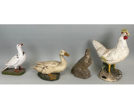 A SET OF FOUR PAINTED CERAMIC AND STONE BIRDS, To include a dove, duck, chicken and a pigeon