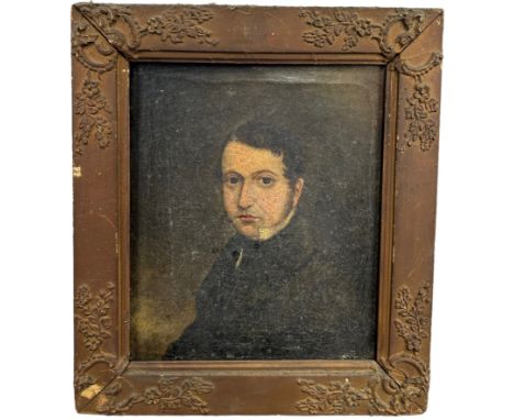 A 19TH CENTURY OIL PAINTING ON CANVAS DEPICTING A PORTRAIT OF A GENTLEMAN, 27cm x 22cm Mounted in a frame. 36cm x 32cm 