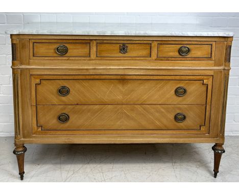 A 19TH CENTURY FRENCH COMMODE WITH WHITE MARBLE TOP, Three short drawers over two long drawers, raised on four turned legs.12