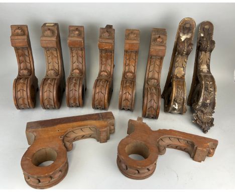 A GROUP OF TEN ARCHITECTURAL WOODEN ELEMENTS, Largest 53cm L