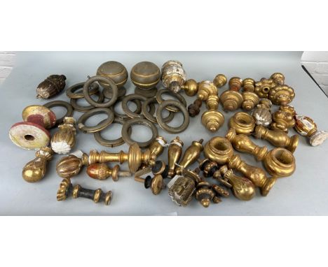ARCHITECTURAL SALVAGE: A COLLECTION OF GILTWOOD  CURTAIN TIE BACKS, CURTAIN RINGS, CURTAIN POLE SUPPORTS, FINIALS (QTY) 