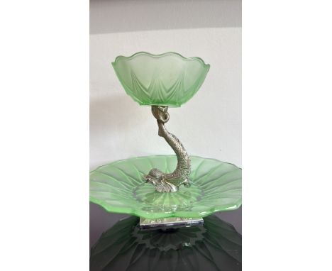 Art Deco uranium glass dolphin epergne