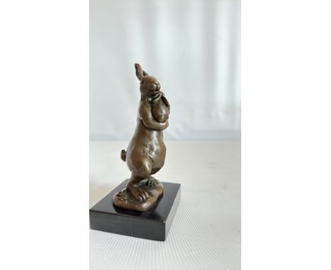 Signed Bronze Rabbit and Kit Sculpture on Marble Plinth