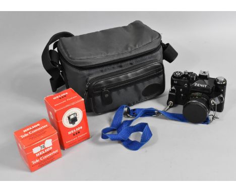A Zenit 35mm Camera, Flash Gun and Lens in Carry Bag 