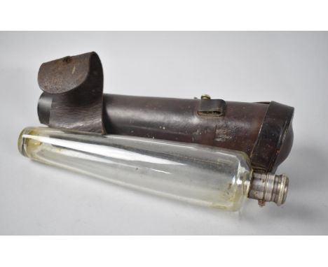 A Vintage Leather Cased Glass Saddle Flask, 25cms Long 