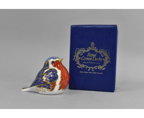 A Boxed Royal Crown Derby Gold Button Paperweight, Robin 