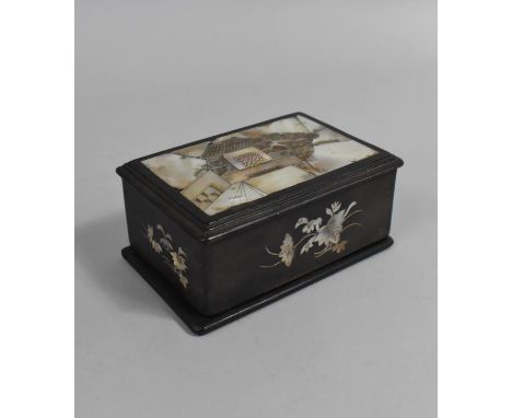 A Chinese Mother of Pearl and Hardwood Inlaid Box Decorated with Flowers and House Scene, 12cms by 9cms by 5cms High 
