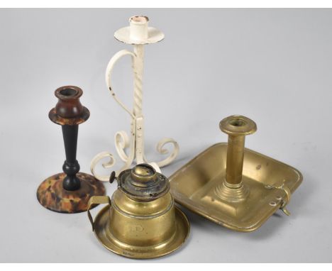 A Small Brass Oil Lamp, Brass Bed Chamber Stick, Wrought Iron Candlestick and Tortoiseshell Example 