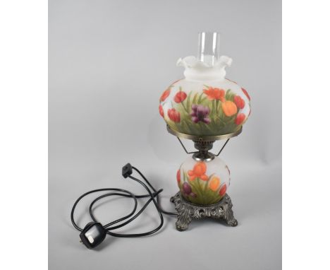 A Modern Metal and Opaque Glass Table Lamp in the Form of a Victorian Oil Lamp, 46cm high 