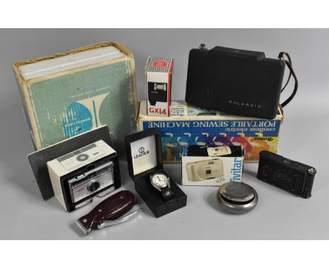 A Collection of Vintage Cameras to Include Polaroid Automatic 103 Land Camera, Leader Wrist Watch, Portable Sewing Machine et