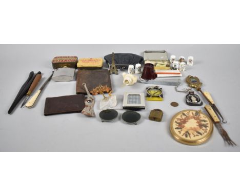 A Small Collection of Curios to Include Vintage Tins, Souvenir Thimbles, Purses, Small Hip Flask, Button Hooks etc 