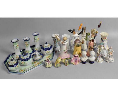 A Collection of Various English and Continental Porcelain and Ceramic Dressing Table Items to comprise Hat Pins, Pot, Figures