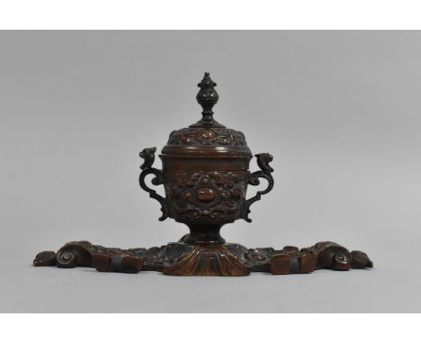 A Victorian Bronze Effect Desk Top Inkwell in the French Style and in the Form of a Two Handled Lidded Urn, Missing Inner Lin